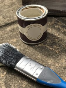 Farrow & Ball Skimming Stone emulsion and paint brush