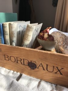 Box, books, vintage china display