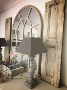 pre-loved beautiful french doors on painted sideboard with lamps and mirror for vintage home decor