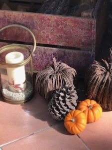 log crate, hurricane lamp and autumn pumpkins