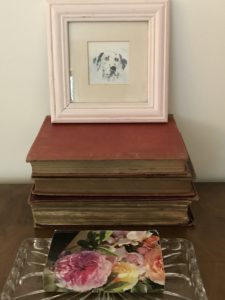 Dalmatian water colour painting with vintage books and glass