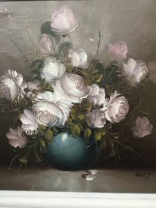 flower oil paintings in teal vase in white frame