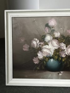 flower oil paintings in teal vase in white frame