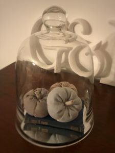 glass dome and linen pumpkins in faffing session