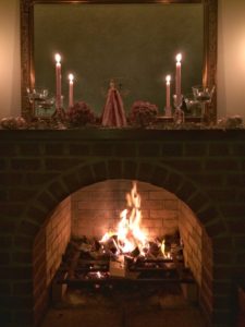 Christmas log fire and mantlepiece scene 