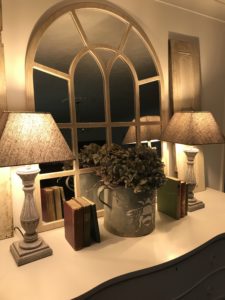 zinc bucket with hydrangea books lamps mirror and shutters in faffing session