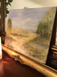 countryside water colour on board with gilt frame 