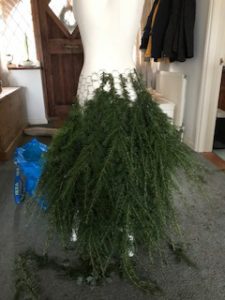 Fir tree branches create mannequin skirt for christmas decor