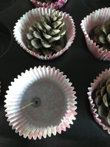 melted wax, wick and pine cones to make firestarters