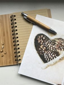 bamboo note book and pen, heart pine cone paper for handwritten letter