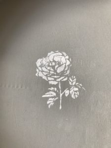 white painted rose stencil on painted tray