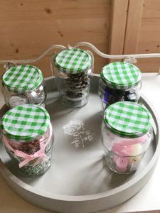 painted tray Bonne Mamman filled jars on vintage washstand 