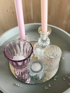 painted tray with pink candles and pretty tealights