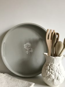 painted tray with heart stencil jug and wooden spoons