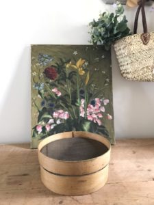 oil canvas basket and seive and flowersl for spring decor