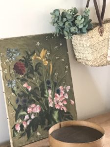 oil canvas basket and seive for spring decor