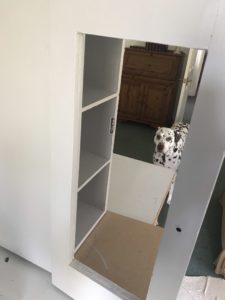 view of inside painted grey wooden pot cupboard with dalmatian