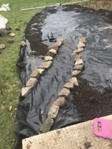 preparing path of rocks on weed suppresent before topsoil for wildflower garden