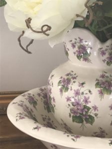 lilac flowers on jugs and bowl set with faux peony