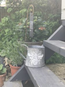 zinc jugs with bee stencil on steps with planted pots