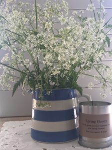 cornishware jugs with cow parsley and candle