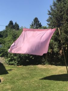 pink table cloth on outside clothes line in blue skies