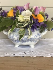 vintage blue china tureen for simple flower arrangements using fresh cut flowers