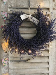 lavender wreath on rustic shutters for vintage home decor - farmhouse shutters