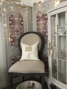 painted antique armoire doors create shabby chic decor with fairy lights, french chair and china cabinet