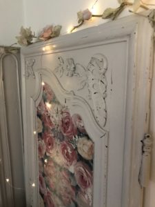 white painted antique armoire doors create shabby chic decor with fairy lights and decoupage on wood 