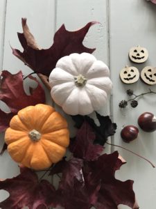 autumn decor - pink and orange pumpkins with leaves and wooden pumpkin faces