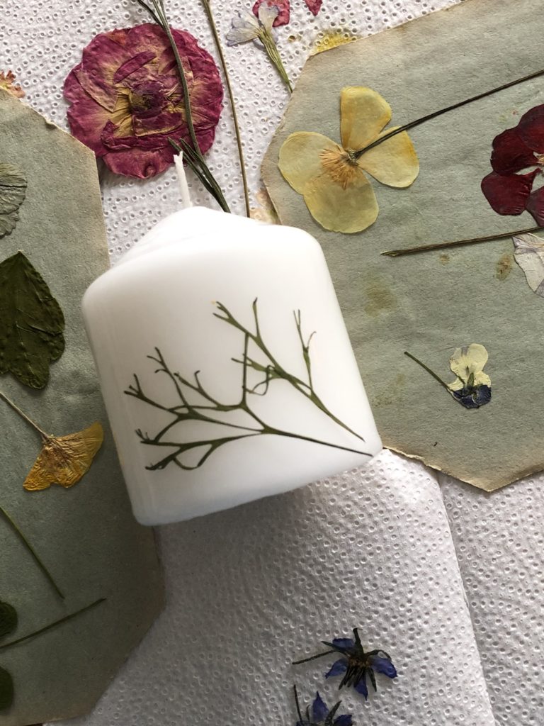 white candle with assorted flowers and grasses to make pressed flower candles