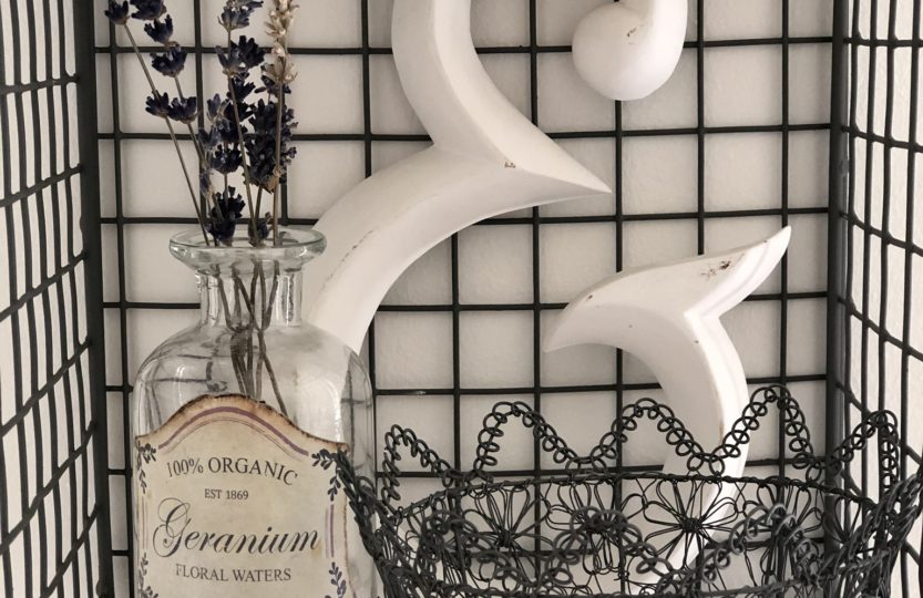 wire shelves with ampersand, bottle and wire basket