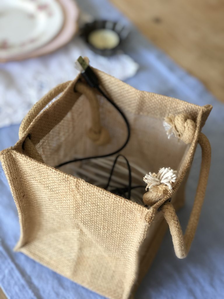 jute square bag with cables