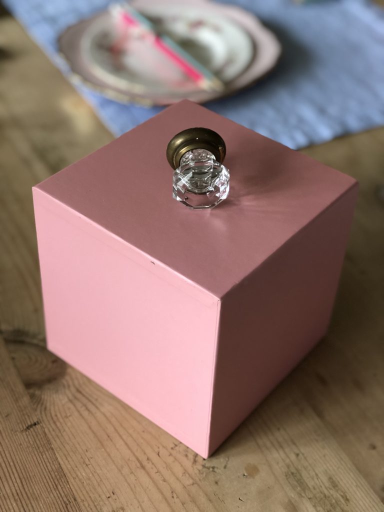 pink square box and vintage crystal handle