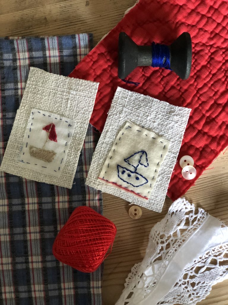 Two nautical pieces of mini fabric bunting, vintage fabric and sewing notions