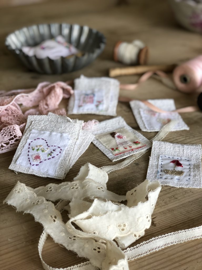 mini fabric bunting in the making