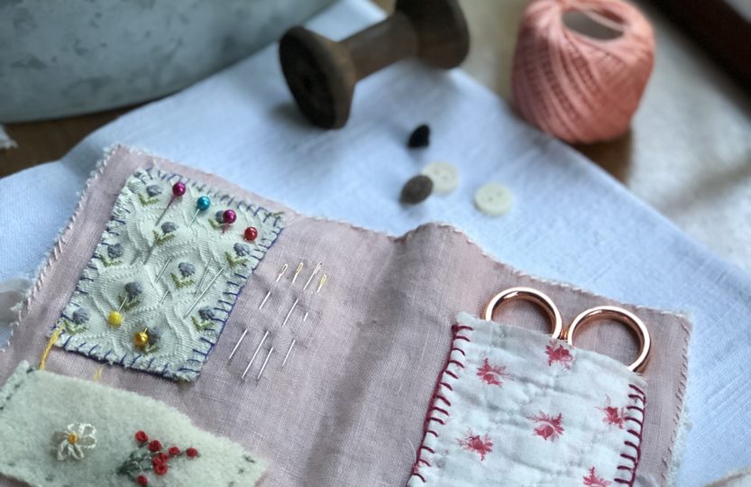 inside pretty hand stitched needle case with embroidery scissors