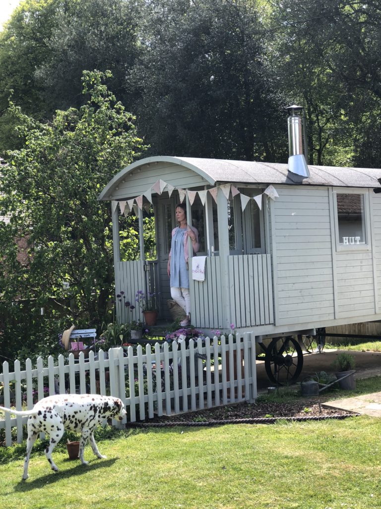 Lady on steps of pretty painted shepherds hut with picket fence and dalmatian dog