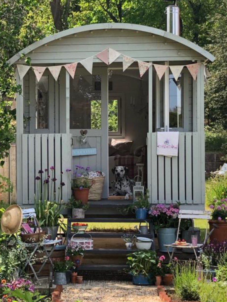 pretty painted shepherds hut with bunting in beautiful summer garden with liver spot dalmatian lying in door way