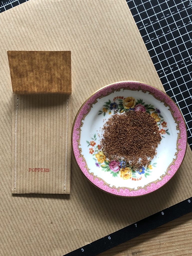 poppy seeds on pretty pink plate with diy brown seed envelope