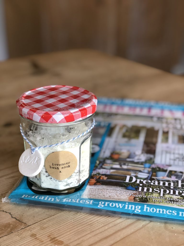 Bonne Maman jar ideas - bath salts and magazine