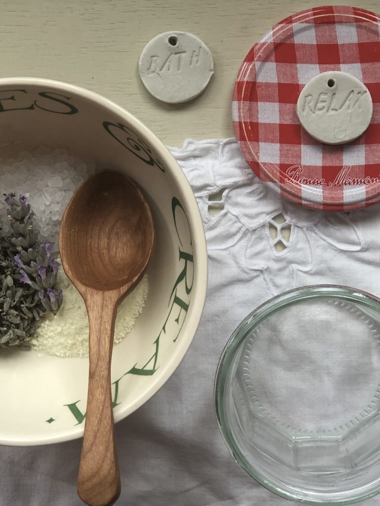 flatlay of  ingredients needed for lavender bath salts for Bonne Maman jar ideas