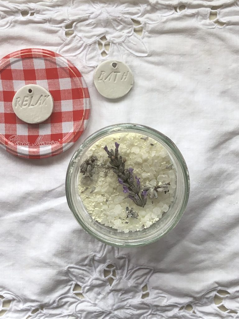 flatlay of  ingredients needed for lavender bath salts for Bonne Maman jar ideas