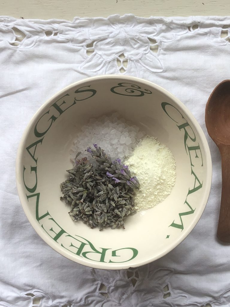 flatlay of lavender, salt and milk powder in Emma Bridgewater bowl