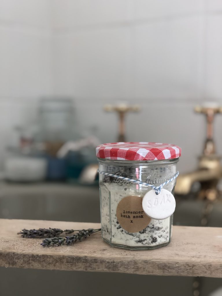 Bonne Maman Jar idea - bath salts on wooden bath shelf in bathroom