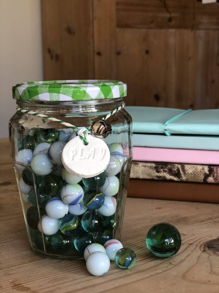 Bonne Maman jar ideas - with marbles and clay tag for child