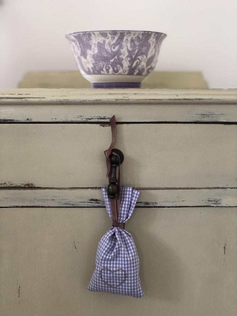 hanging purple gingham lavender bag with purple bowl