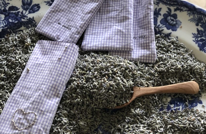 homemade lavender dryer bags being assembled