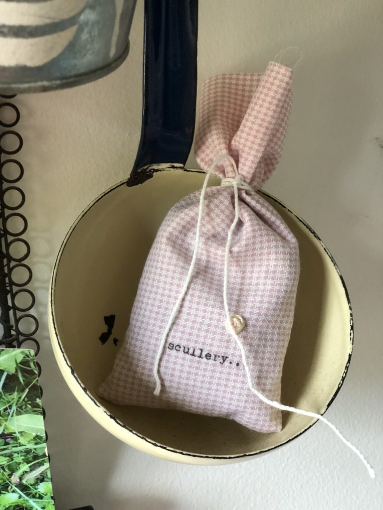 homemade lavender dryer bag typewritten with 'scullery'